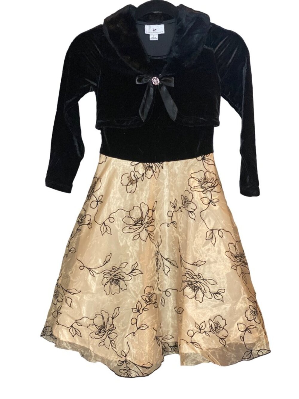 Girl 7 IZ Byer Black Velvet Collar Gold Sparkle Floral California Holiday Dress
